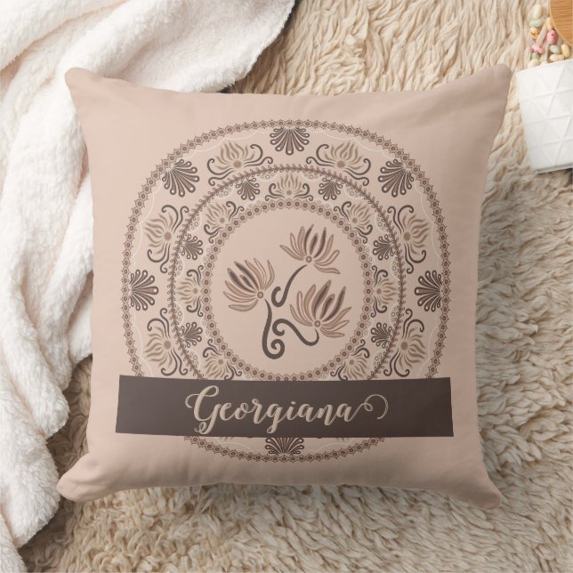 Personalized Mocha Rococo Revival Dot Mandala Throw Pillow (Blanket)