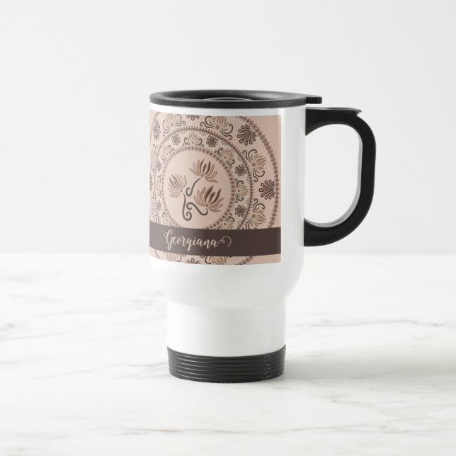 Personalized Mocha Rococo Revival Dot Mandala Travel Mug (Right)