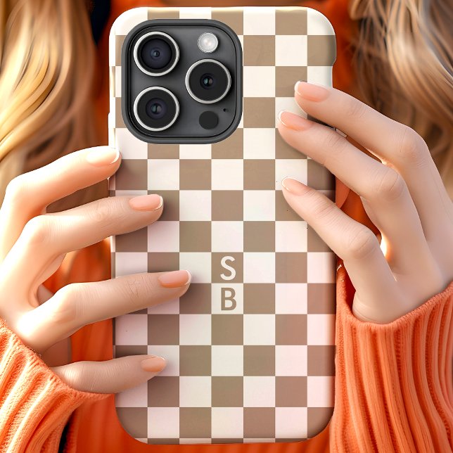 Personalized Mocha White Chequerboard Monogram Case-Mate iPhone Case (Creator Uploaded)