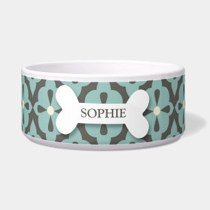 Personalized mod blue flora dog bone pet food bowl