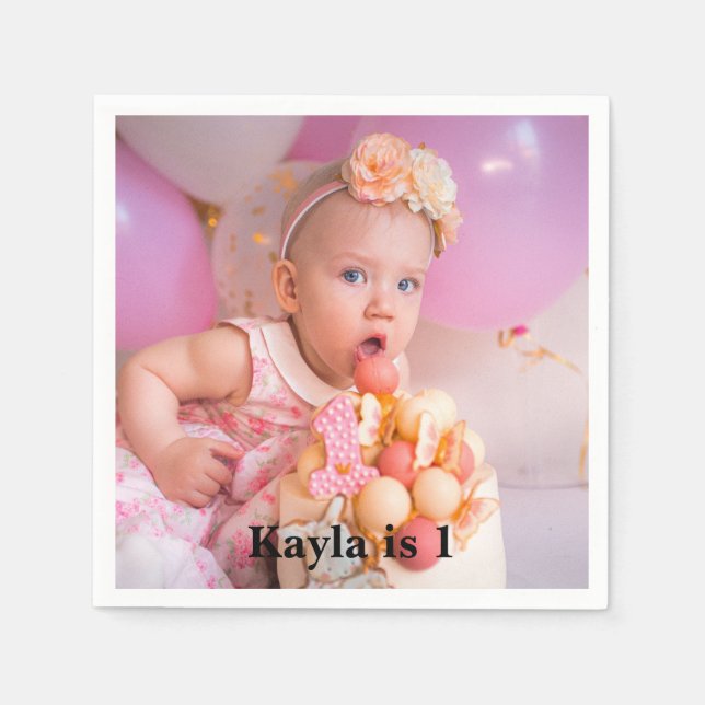 Personalized Modern 1st Birthday Photo Napkin (Front)