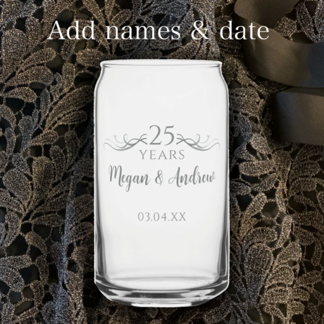 Personalized Modern 25th Wedding Anniversary Gift Can Glass (Add couple’s names and anniversary date for a stylish custom glass can keepsake gift.
)