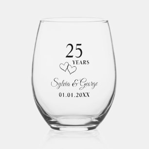 Personalized Modern 25th Wedding Anniversary Gift Stemless Wine Glass