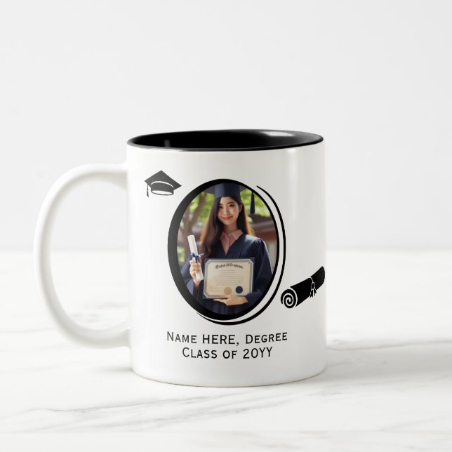 Personalized Modern 2-Photo Graduation Diploma Cap Two-Tone Coffee Mug (Left)