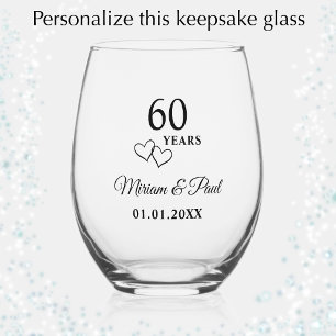 Personalized Modern 60th Wedding Anniversary Gift Stemless Wine Glass