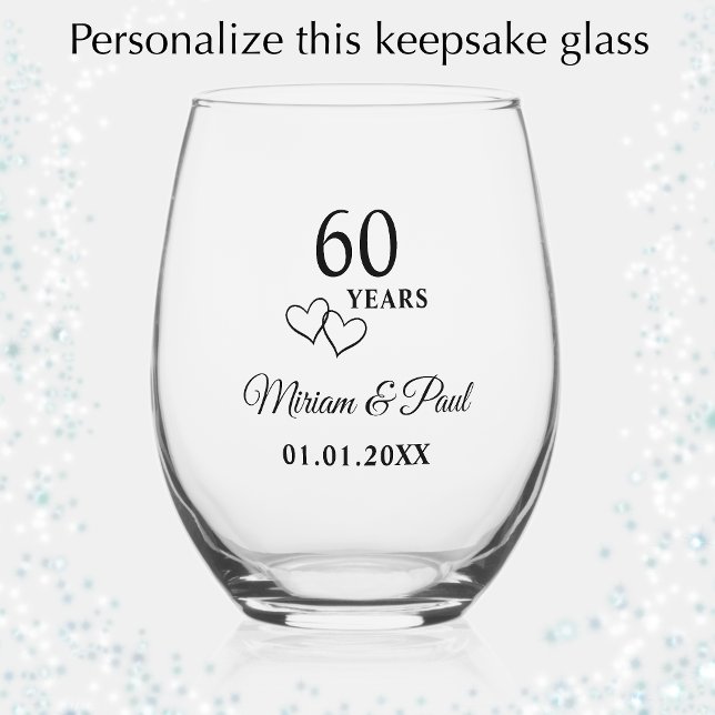 Personalized Modern 60th Wedding Anniversary Gift Stemless Wine Glass (Personalize this elegant 60th wedding anniversary glass for a lovely keepsake gift.)