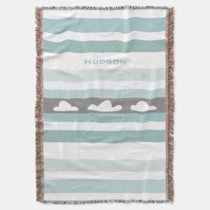 Personalized Modern Aqua Striped Clouds Throw Blanket