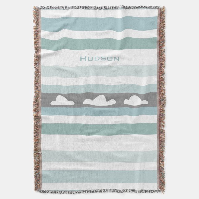 Personalized Modern Aqua Striped Clouds Throw Blanket (Front Vertical)