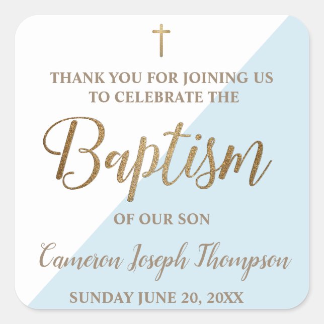 Personalized Modern Baby blue baptism thank you Square Sticker (Front)