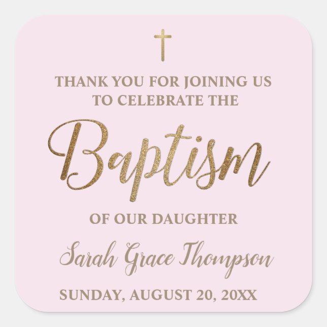 Personalized Modern Baby pink baptism thank you Sq Square Sticker (Front)