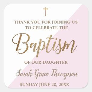 Personalized Modern Baby pink baptism thank you Square Sticker