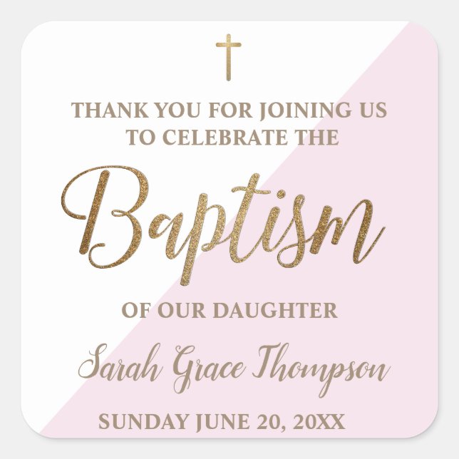 Personalized Modern Baby pink baptism thank you Square Sticker (Front)