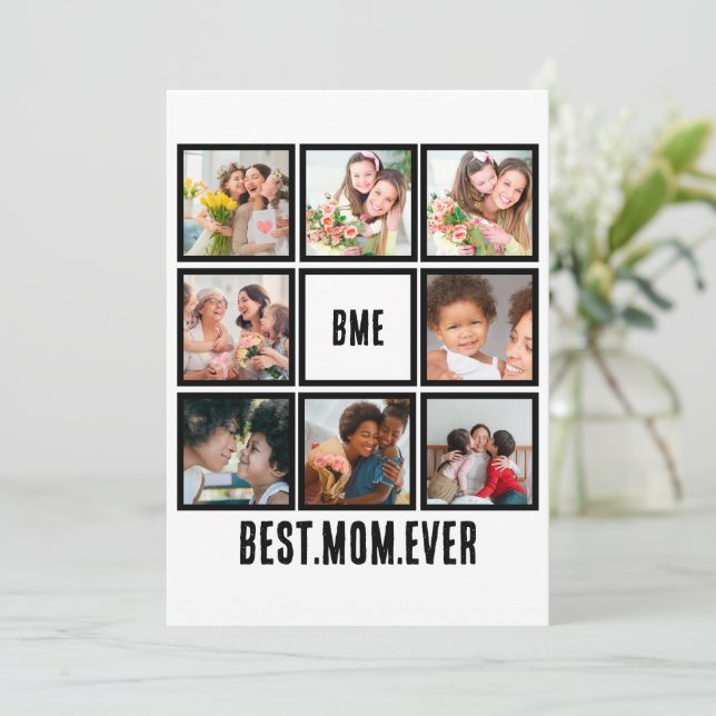 Personalized Modern Best Mom Ever 8 Photo Collage Holiday Card (Standing Front)
