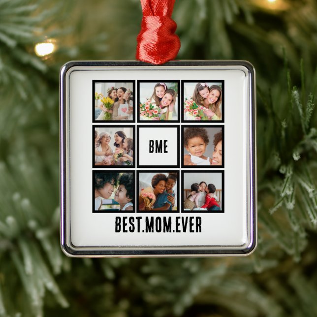Personalized Modern Best Mom Ever 8 Photo Collage Metal Ornament (Tree)