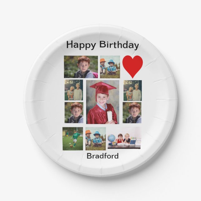 Personalized Modern Birthday 11 Photo Collage   Paper Plate (Front)