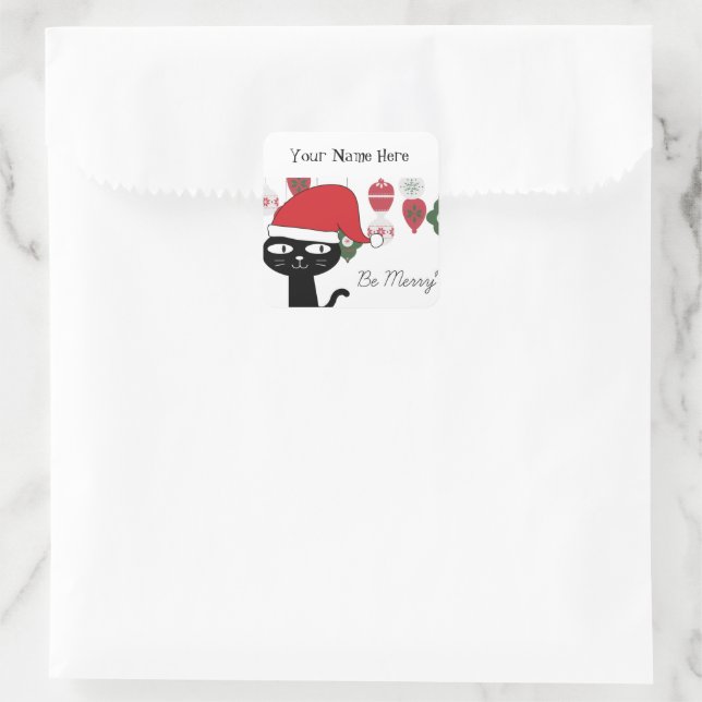 Personalized Modern Black and White Be Merry Cat Square Sticker (Bag)
