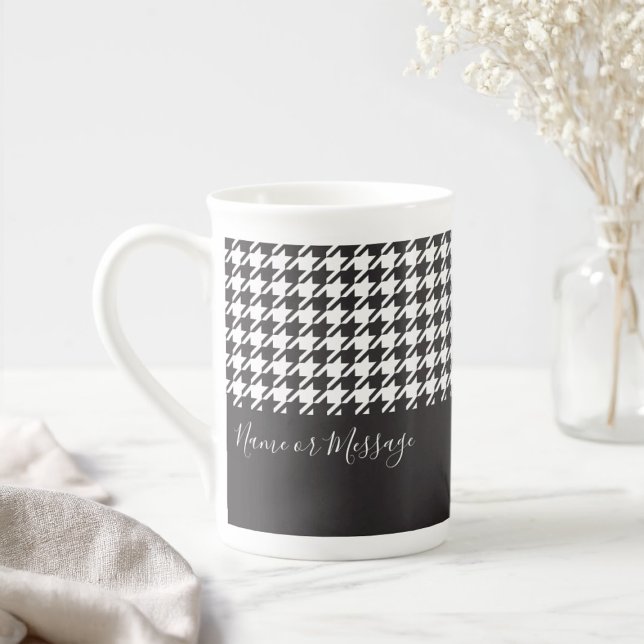 Personalized Modern Black and White Houndstooth Bone China Mug (Creator Uploaded)