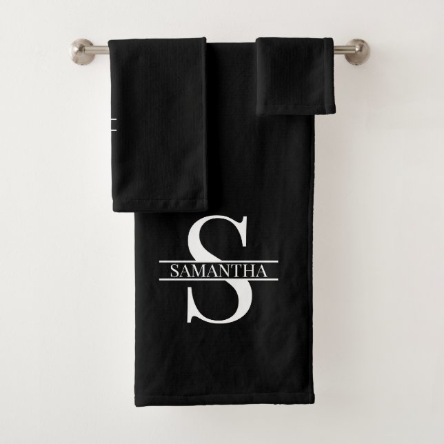 Personalized Modern Black and White Monogram Name Bath Towel Set (Insitu)