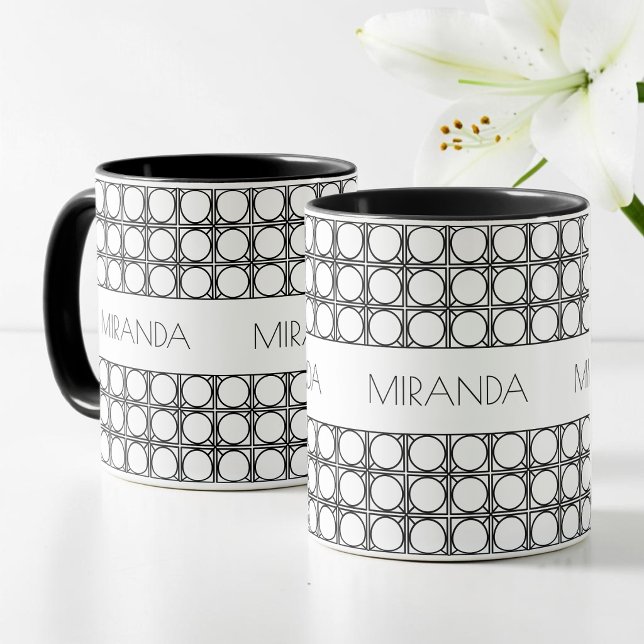 Personalized Modern Black and White Rattan Pattern Magic Mug (Personalized Modern Black and White Rattan Pattern Color Morph Mug)