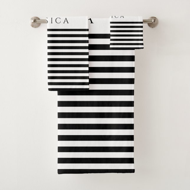 Personalized Modern Black And White Stripes Bath Towel Set (Insitu)