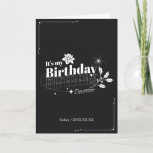 Personalized Modern Black Floral December Birthday Card
