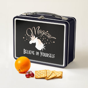 Personalized Modern Black Magical Unicorn Metal Lunch Box