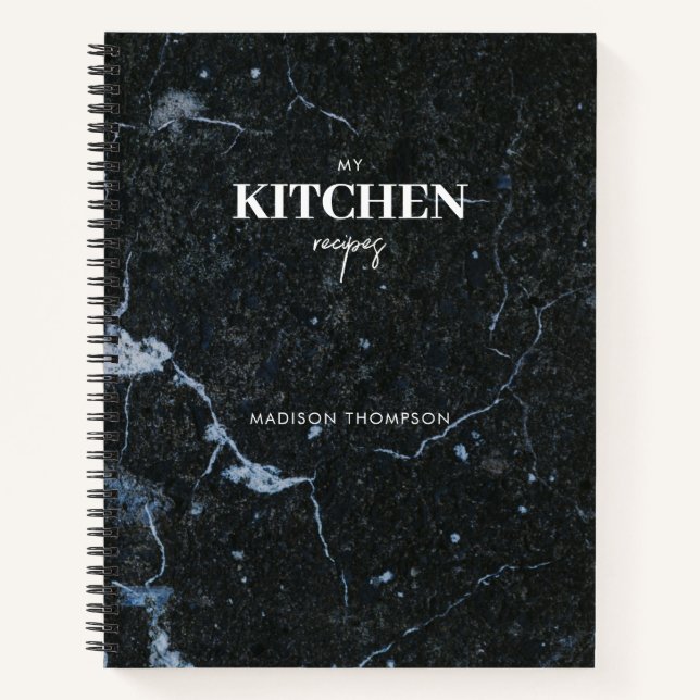 Personalized Modern Black Marble Kitchen Recipe Notebook (Front)