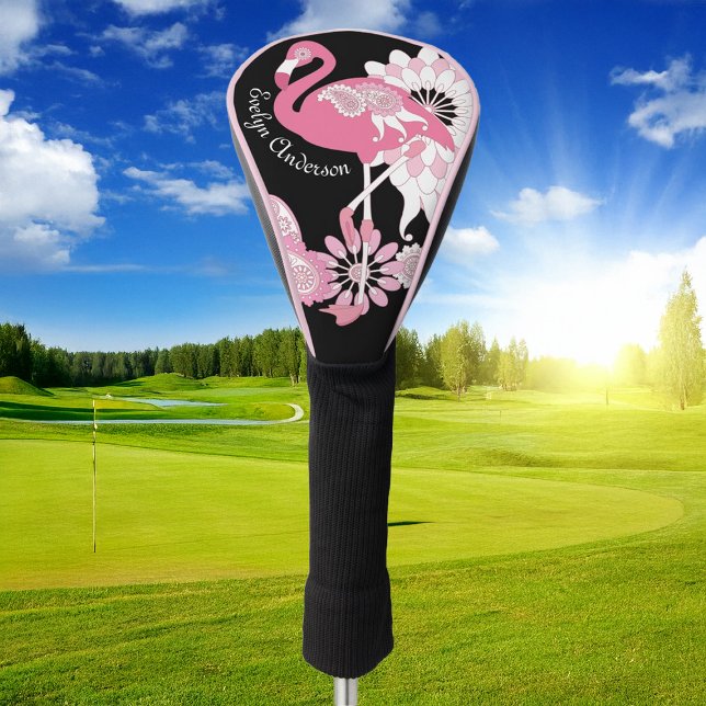 Personalized Modern Black Paisley Pink Flamingo Golf Head Cover (Creator Uploaded)
