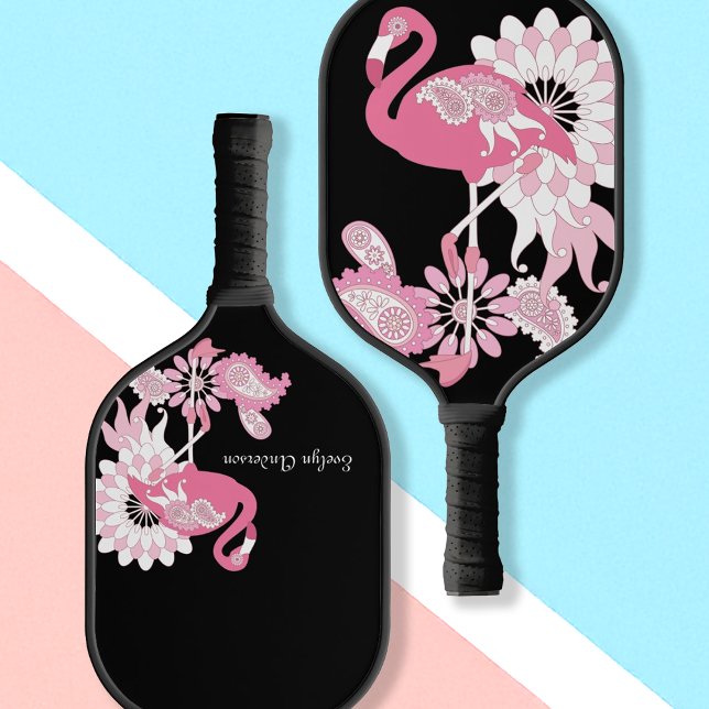 Personalized Modern Black Paisley Pink Flamingo Pickleball Paddle (Creator Uploaded)