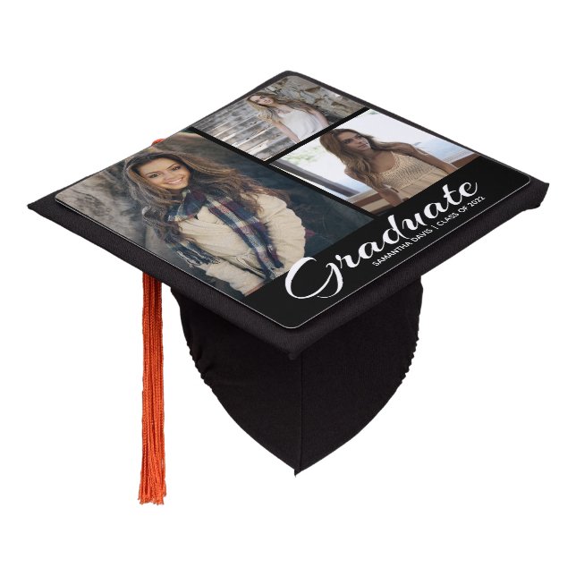Personalized Modern Black Photo Collage Graduation Cap Topper (Angled)