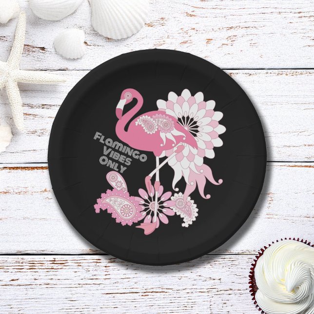 Personalized Modern Black Pink Flamingo Paper Plate (Creator Uploaded)