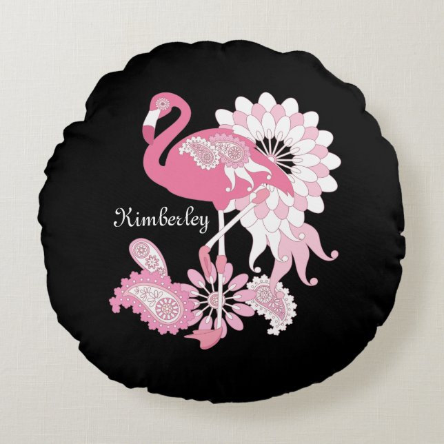 Personalized Modern Black Pink Flamingo Round Pillow (Front)