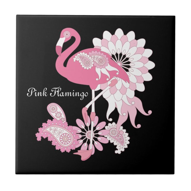 Personalized Modern Black Pink Flamingo Tile (Front)