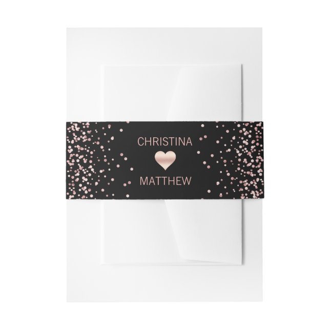 Personalized Modern Black Rose Gold Heart Wedding Invitation Belly Band (Front Example)