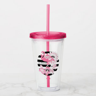 Personalized Modern Black Stripe Pink Flamingo Acrylic Tumbler