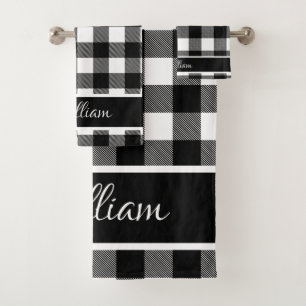 Personalized Modern Black White Buffalo Checks Bath Towel Set