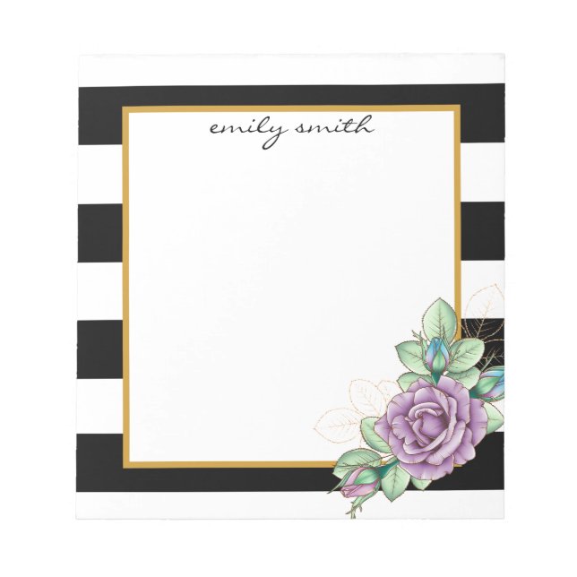 Personalized Modern Black & White Stripe Floral No Notepad (Front)