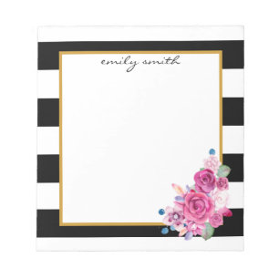 Personalized Modern Black & White Stripe Floral Notepad
