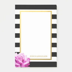 Personalized Modern Black White Stripes Pink Rose Post-it Notes
