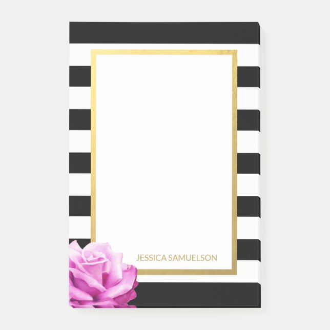 Personalized Modern Black White Stripes Pink Rose Post-it Notes (Front)