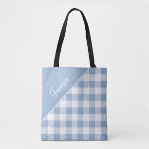 Personalized Modern Blue Check Gingham Tote Bag