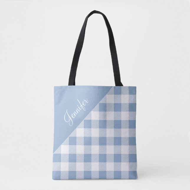 Personalized Modern Blue Check Gingham  Tote Bag (Front)