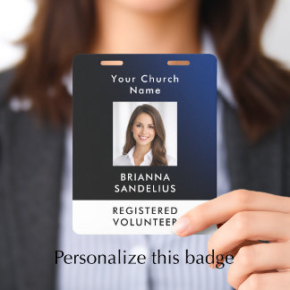 Personalized Modern Blue Church Volunteer Photo ID Badge