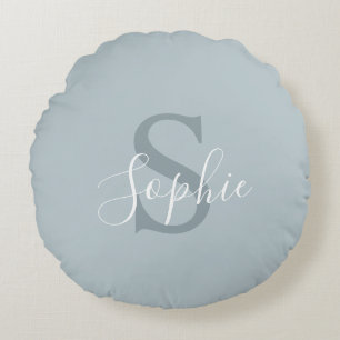 Personalized Modern Blue Family Name Monogram Round Pillow