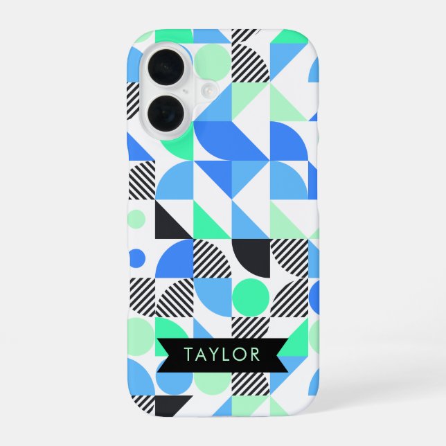 Personalized Modern Blue Mint Geometric iPhone 16 Case (Back)