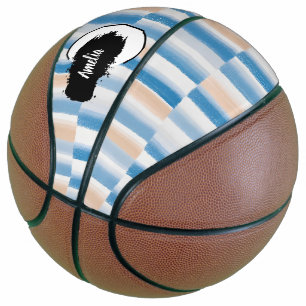 Personalized Modern Blue Peach Watercolor Striped Basketball