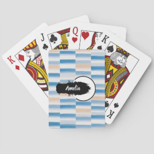Personalized Modern Blue Peach Watercolor Striped  Playing Cards