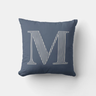 Personalized Modern Blue Striped Monogram Initial Throw Pillow