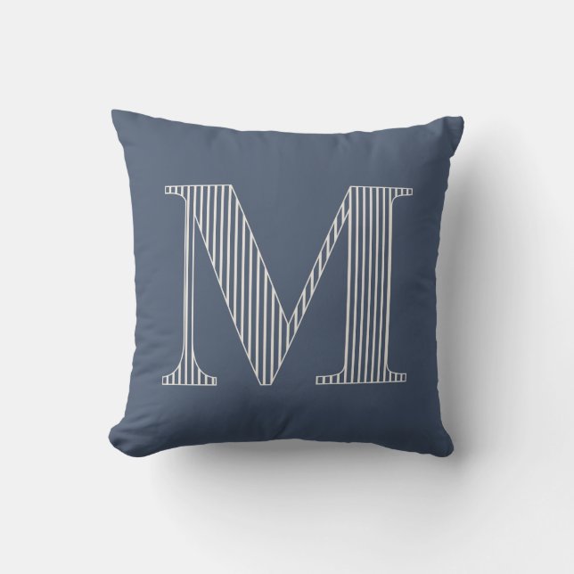 Personalized Modern Blue Striped Monogram Initial Throw Pillow (Front)