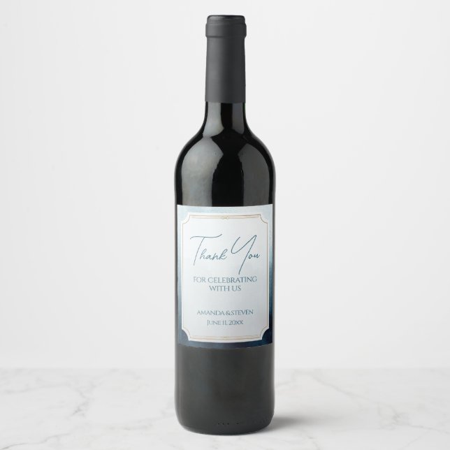 Personalized Modern Blue Wedding Wine Label (Front)